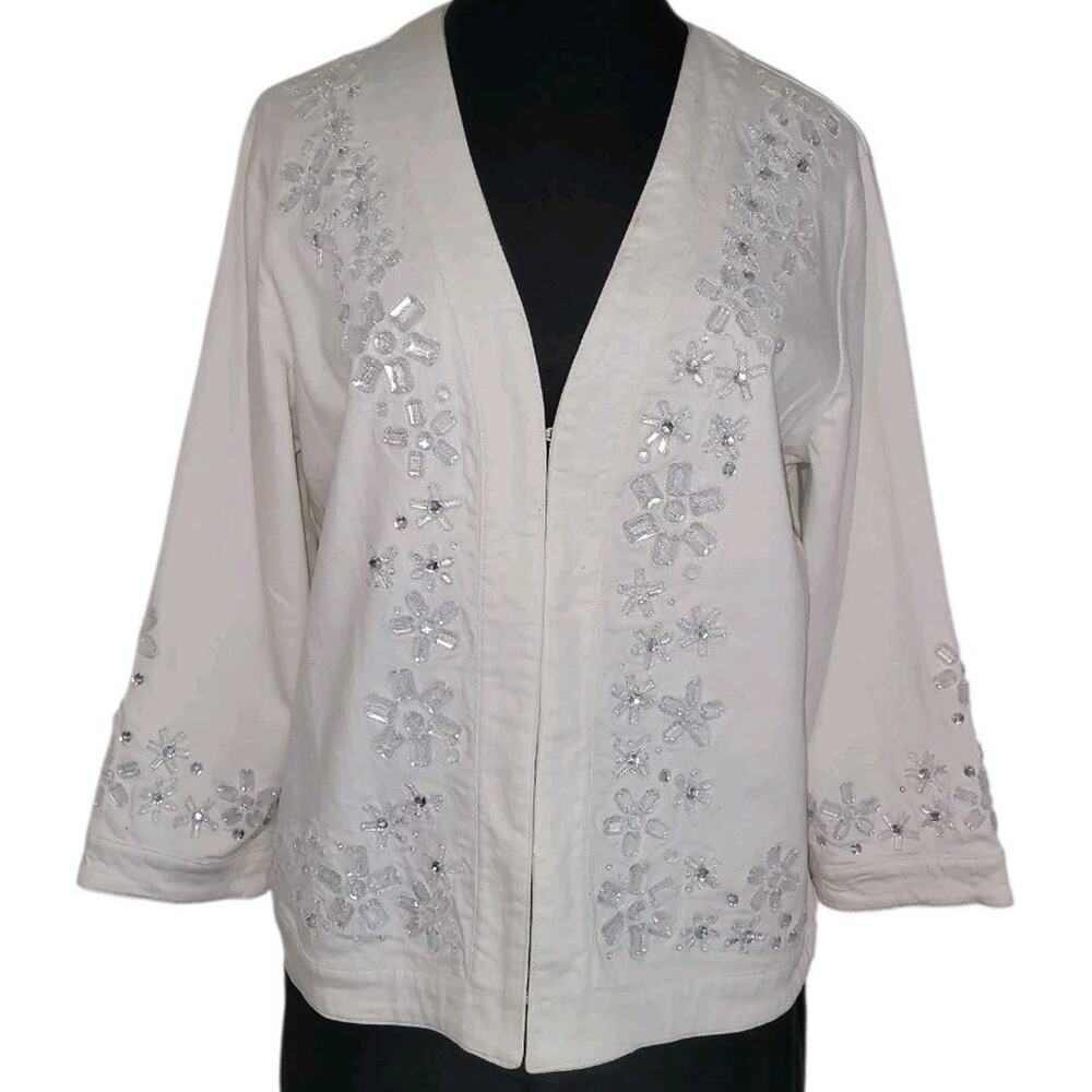 Chico’s White Denim Jacket Rhinestone Trim Sz 2 L